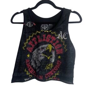 Affliction Women’s Size Small Cropped Tank Top Eagle Graphic Mesh Hem Black Y2K
